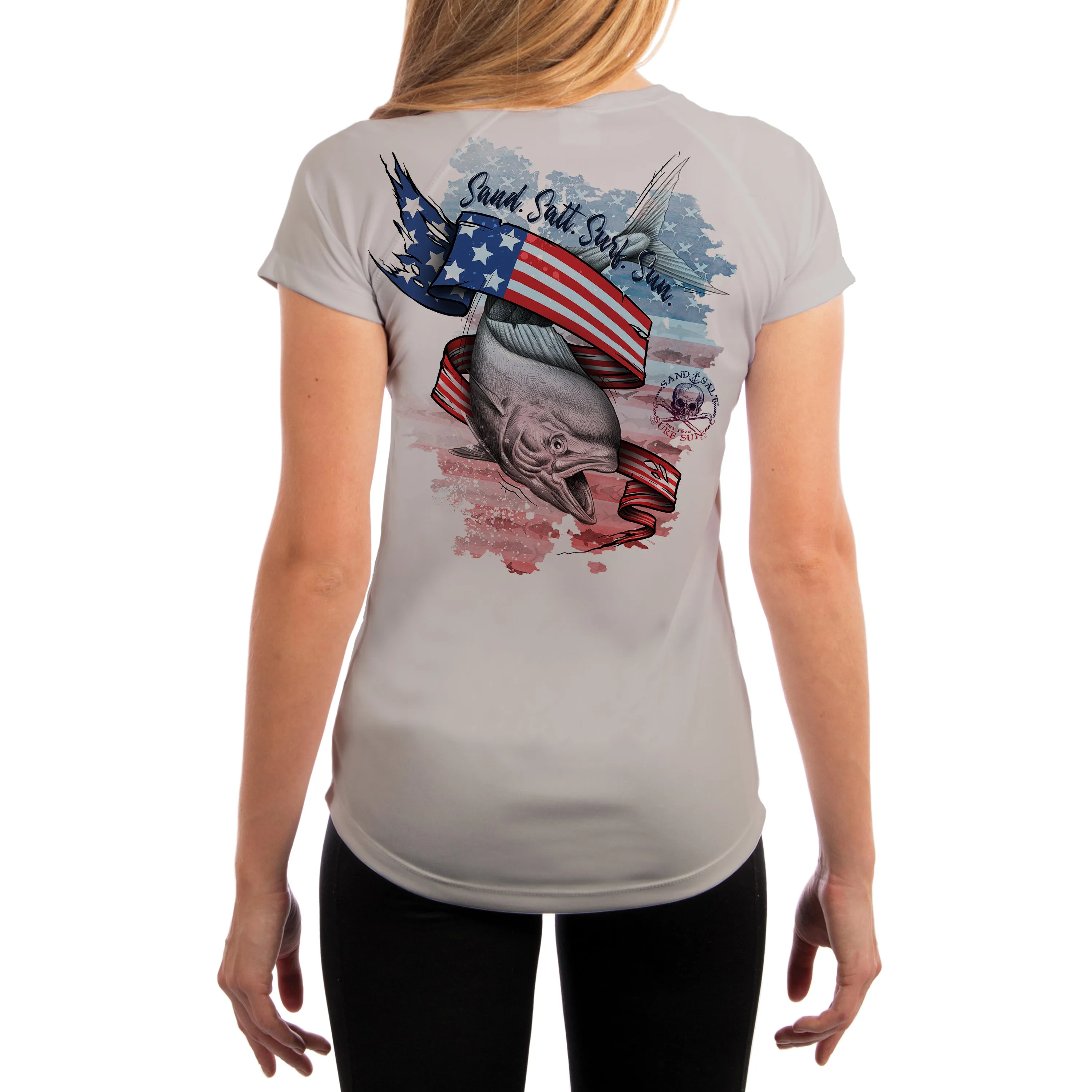 SAND.SALT.SURF.SUN. Flag Mahi Women's UPF 50  UV Sun Protection Performance Short Sleeve T-Shirt