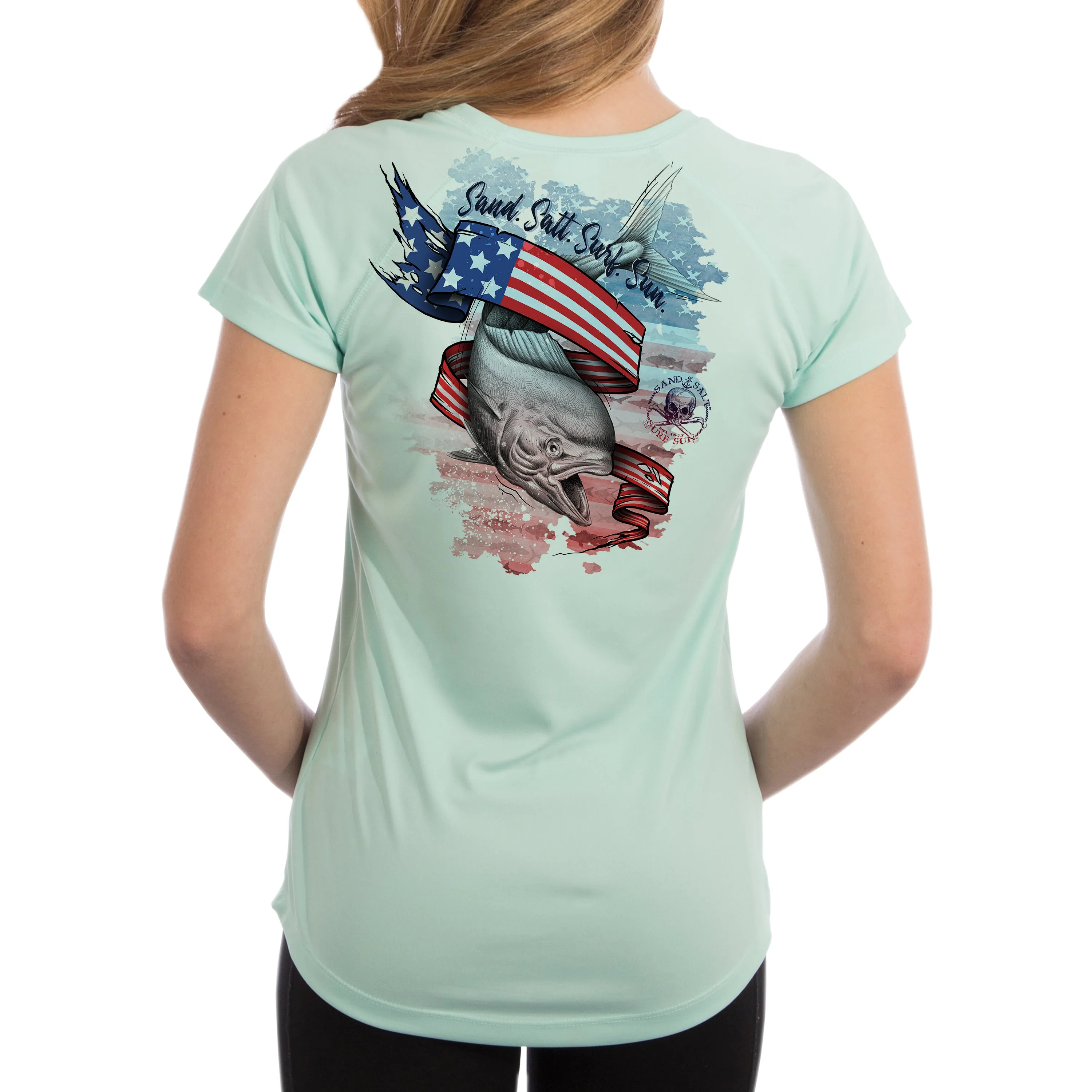 SAND.SALT.SURF.SUN. Flag Mahi Women's UPF 50  UV Sun Protection Performance Short Sleeve T-Shirt