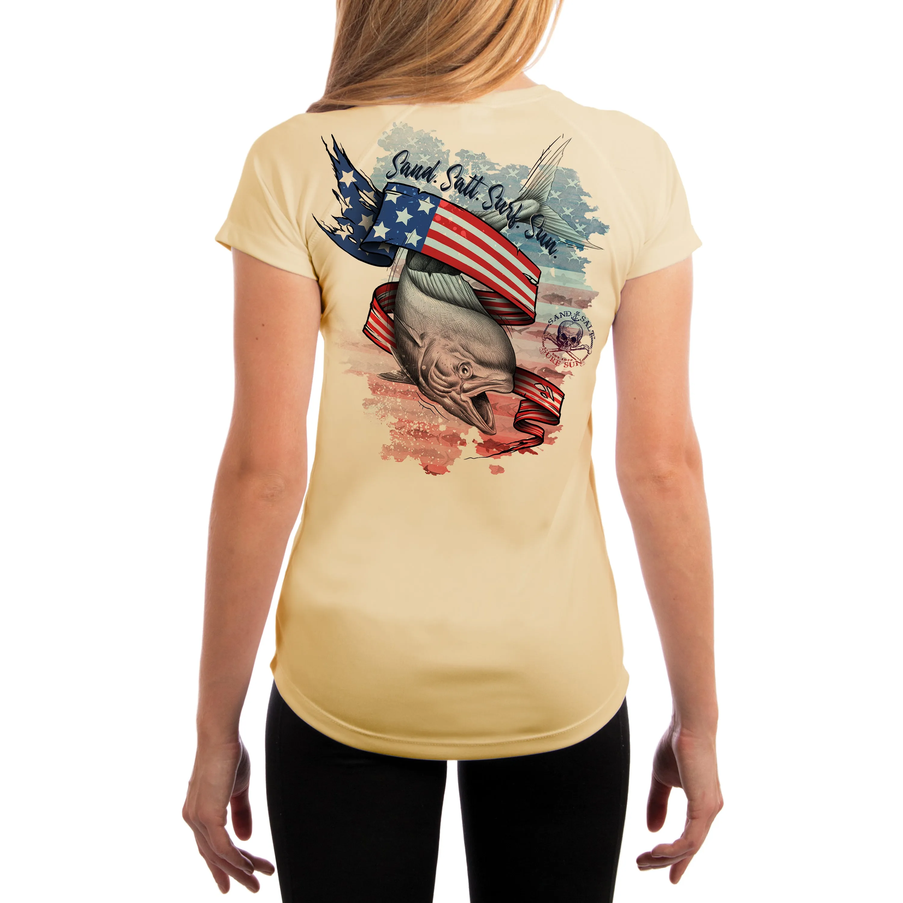 SAND.SALT.SURF.SUN. Flag Mahi Women's UPF 50  UV Sun Protection Performance Short Sleeve T-Shirt