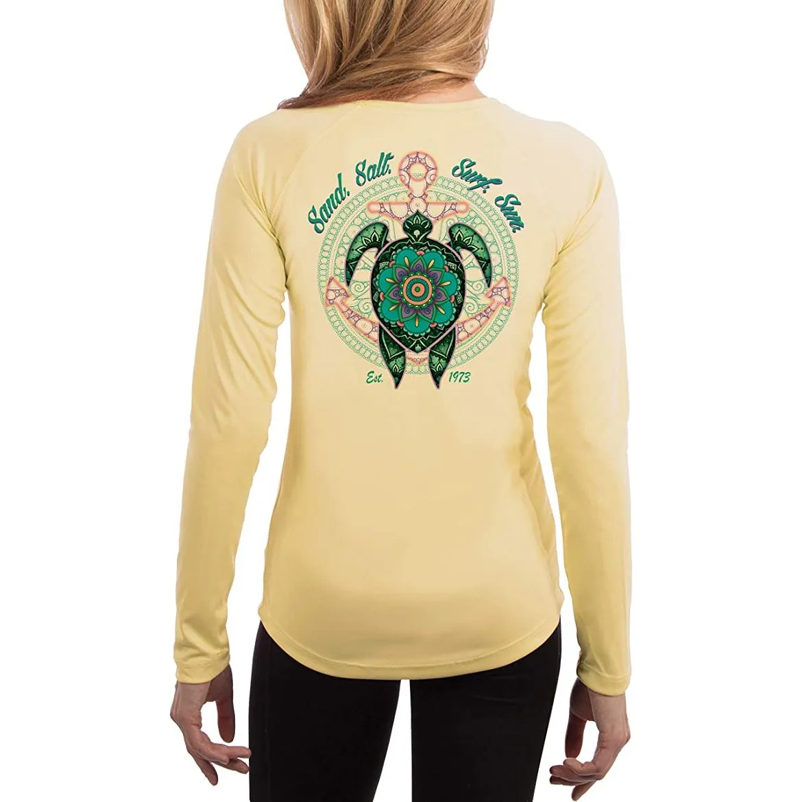 SAND.SALT.SURF.SUN. Mandala Turtle Women's UPF 50  UV Sun Protection Performance Long Sleeve T-Shirt