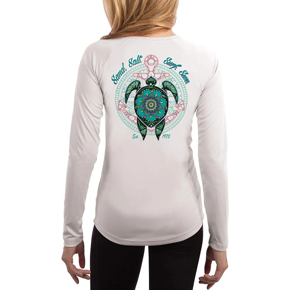 SAND.SALT.SURF.SUN. Mandala Turtle Women's UPF 50  UV Sun Protection Performance Long Sleeve T-Shirt