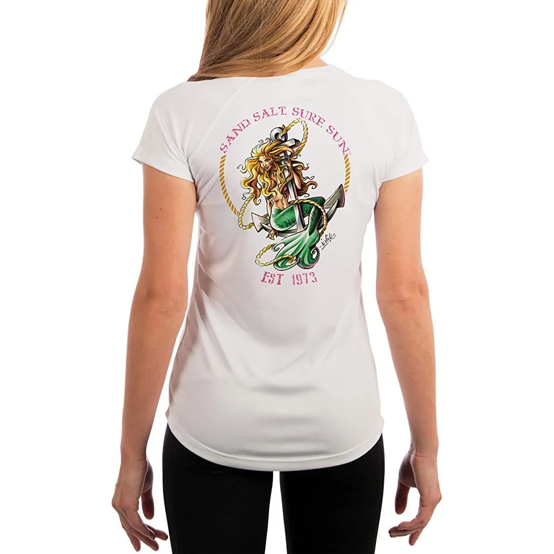 SAND.SALT.SURF.SUN. Mermaid Women's UPF 50  UV Sun Protection Performance Short Sleeve T-Shirt
