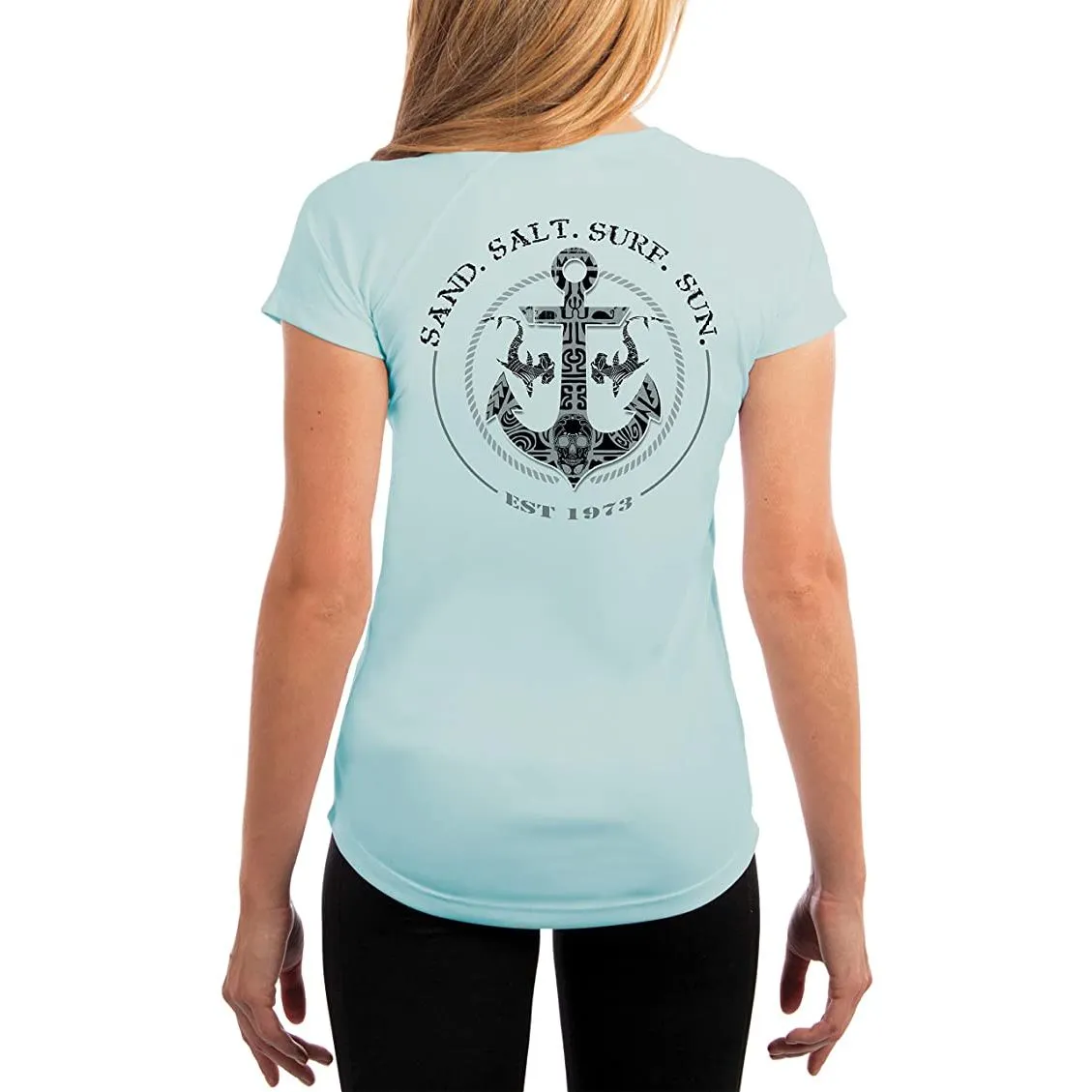 SAND.SALT.SURF.SUN. Shark Anchor Women's UPF 50  UV Sun Protection Performance Short Sleeve T-Shirt