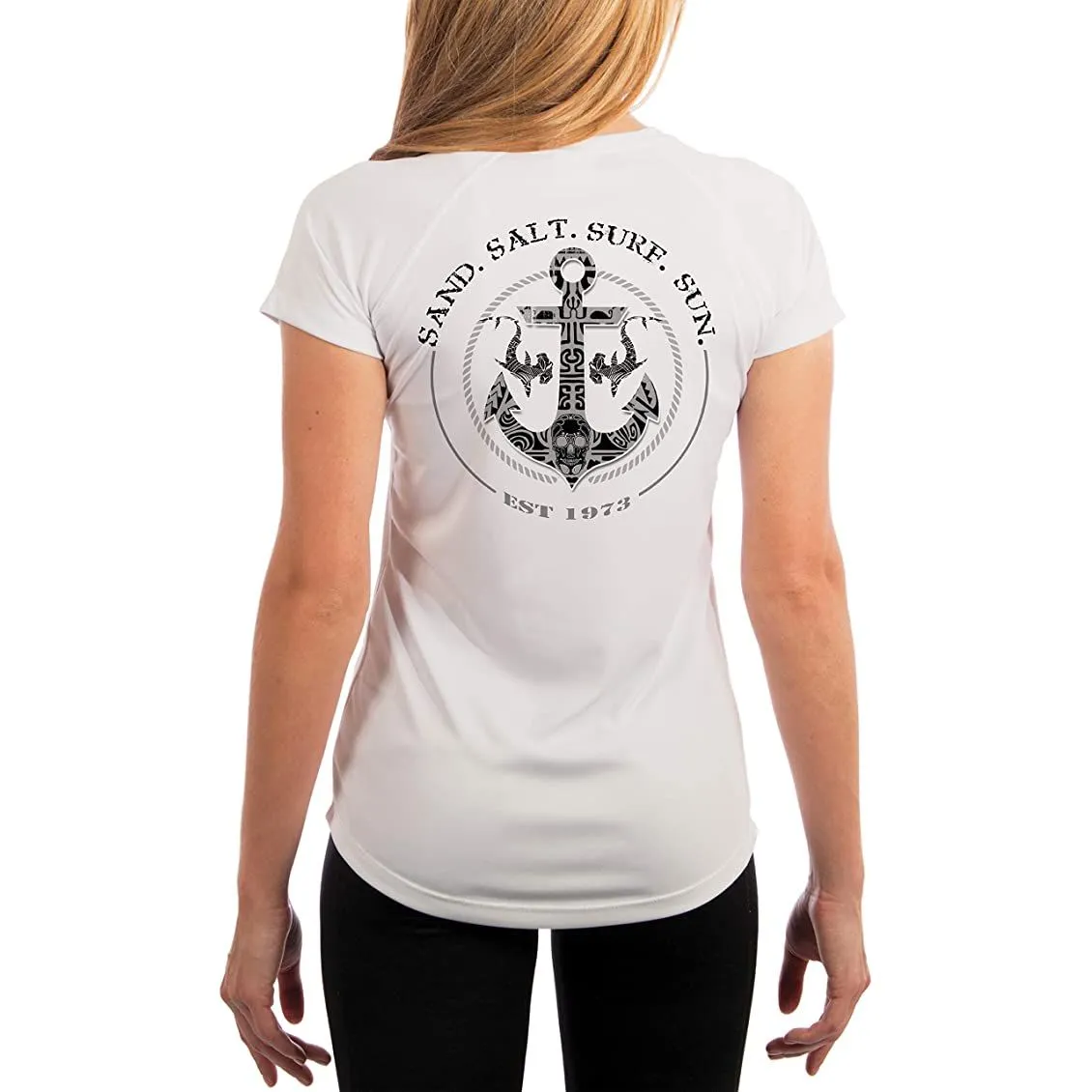 SAND.SALT.SURF.SUN. Shark Anchor Women's UPF 50  UV Sun Protection Performance Short Sleeve T-Shirt