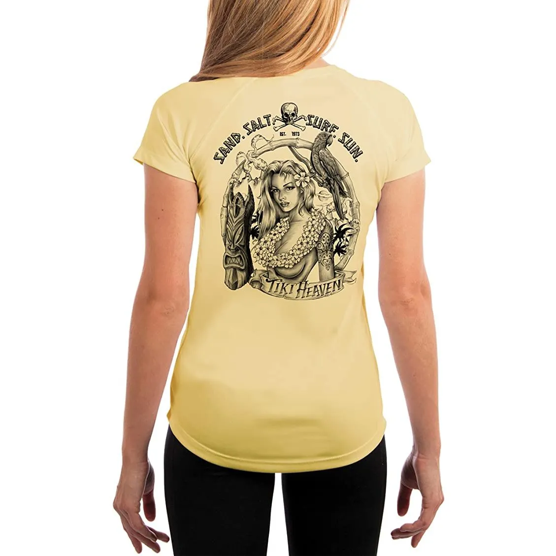 SAND.SALT.SURF.SUN. Tiki Girl Women's UPF 50  UV Sun Protection Performance Short Sleeve T-Shirt