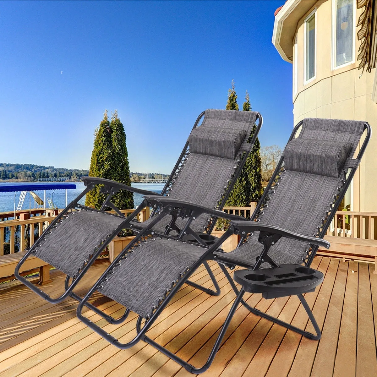 Set of 2 Grey Folding Outdoor Zero Gravity Lounge Chair Recliner
