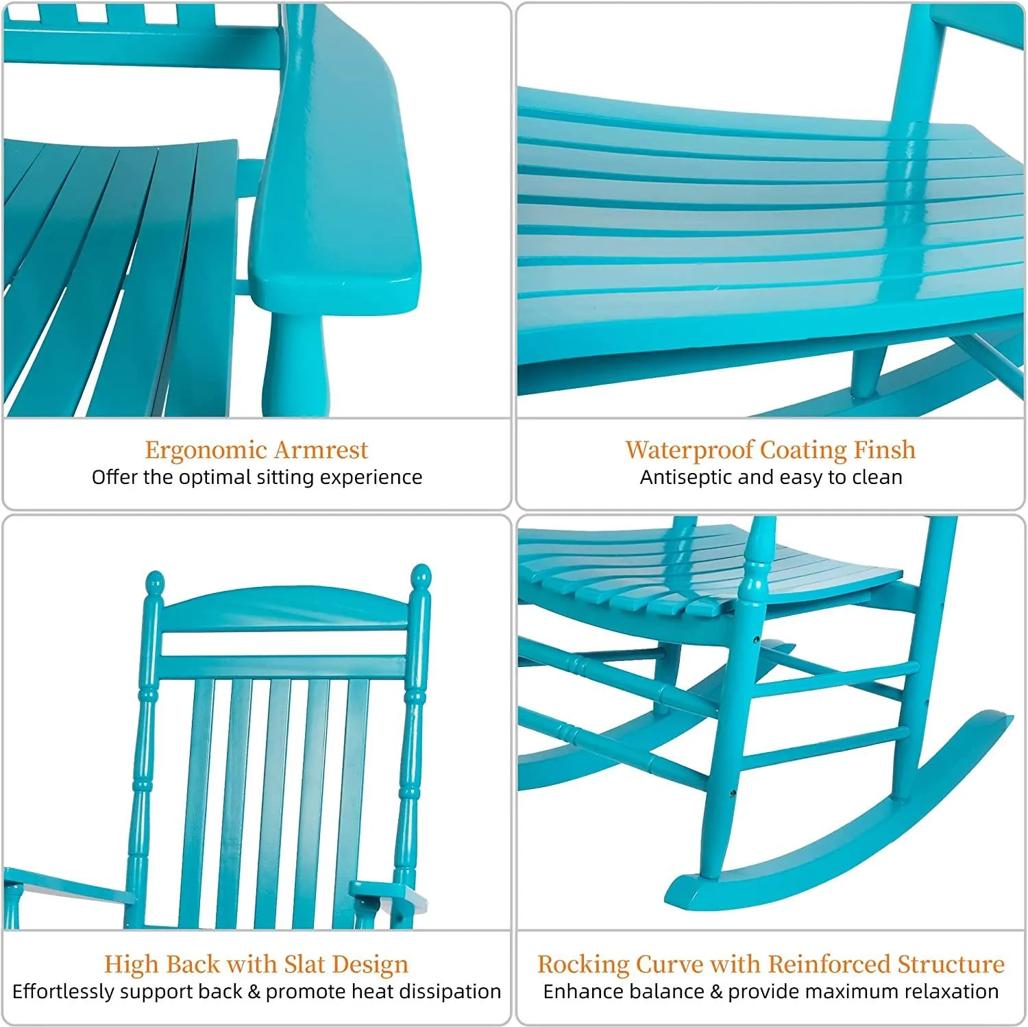 Set of 2 Outdoor Rocking Chairs, Outdoor Indoor Oversized Patio Rocker Chair High Back Rocker, Blue
