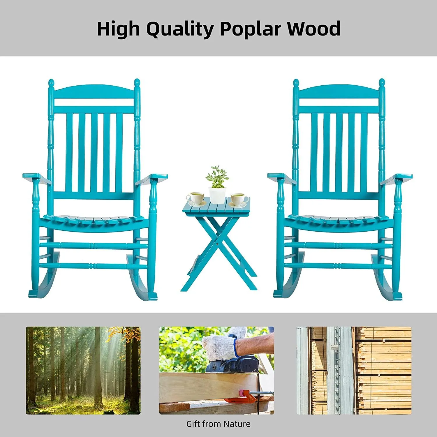 Set of 2 Outdoor Rocking Chairs, Outdoor Indoor Oversized Patio Rocker Chair High Back Rocker, Blue