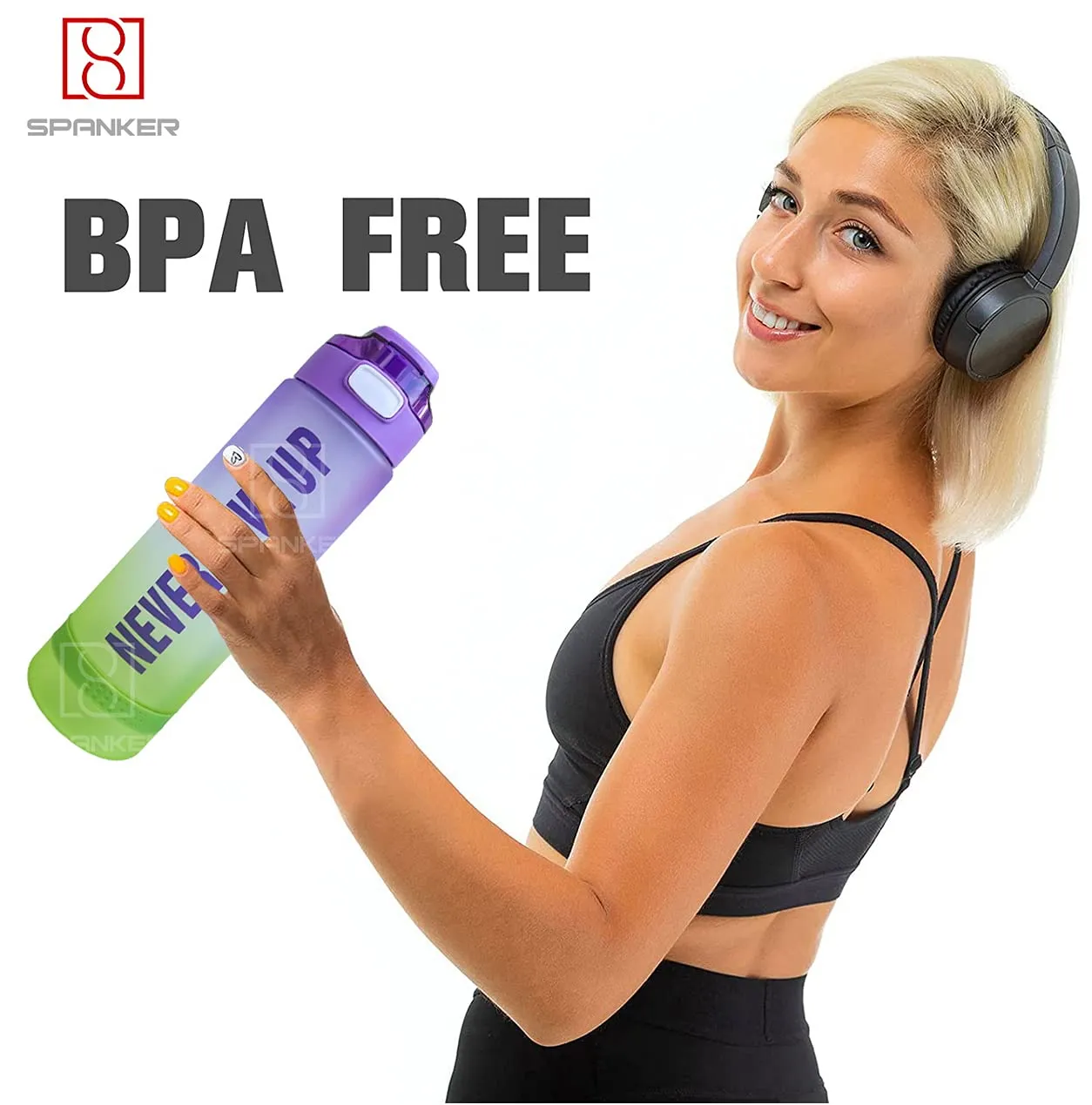 Spanker Never Give Up Motivational Leakproof Water 30 Oz (900 ML), Time Marker, BPA Free Fitness Sports Water Bottle, (PURPLE GREEN) SSTP