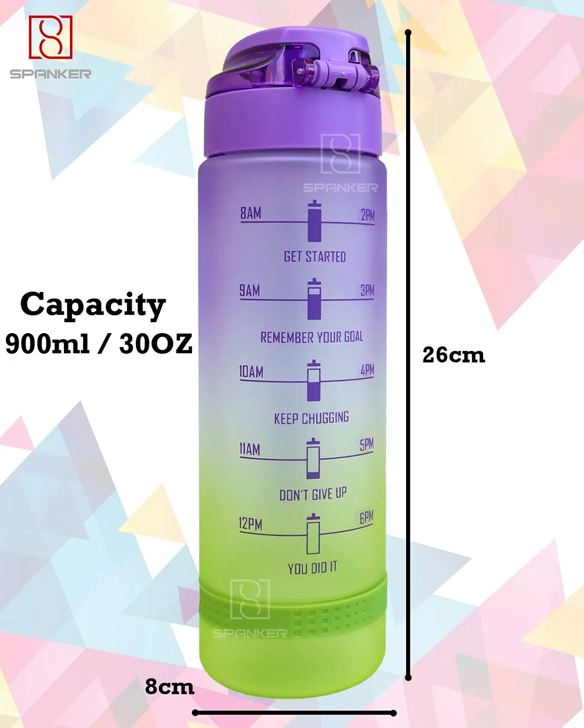 Spanker Never Give Up Motivational Leakproof Water 30 Oz (900 ML), Time Marker, BPA Free Fitness Sports Water Bottle, (PURPLE GREEN) SSTP
