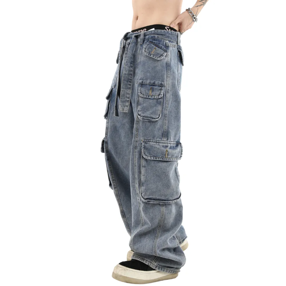 Street Multi Pocket Solid Cargo Jeans