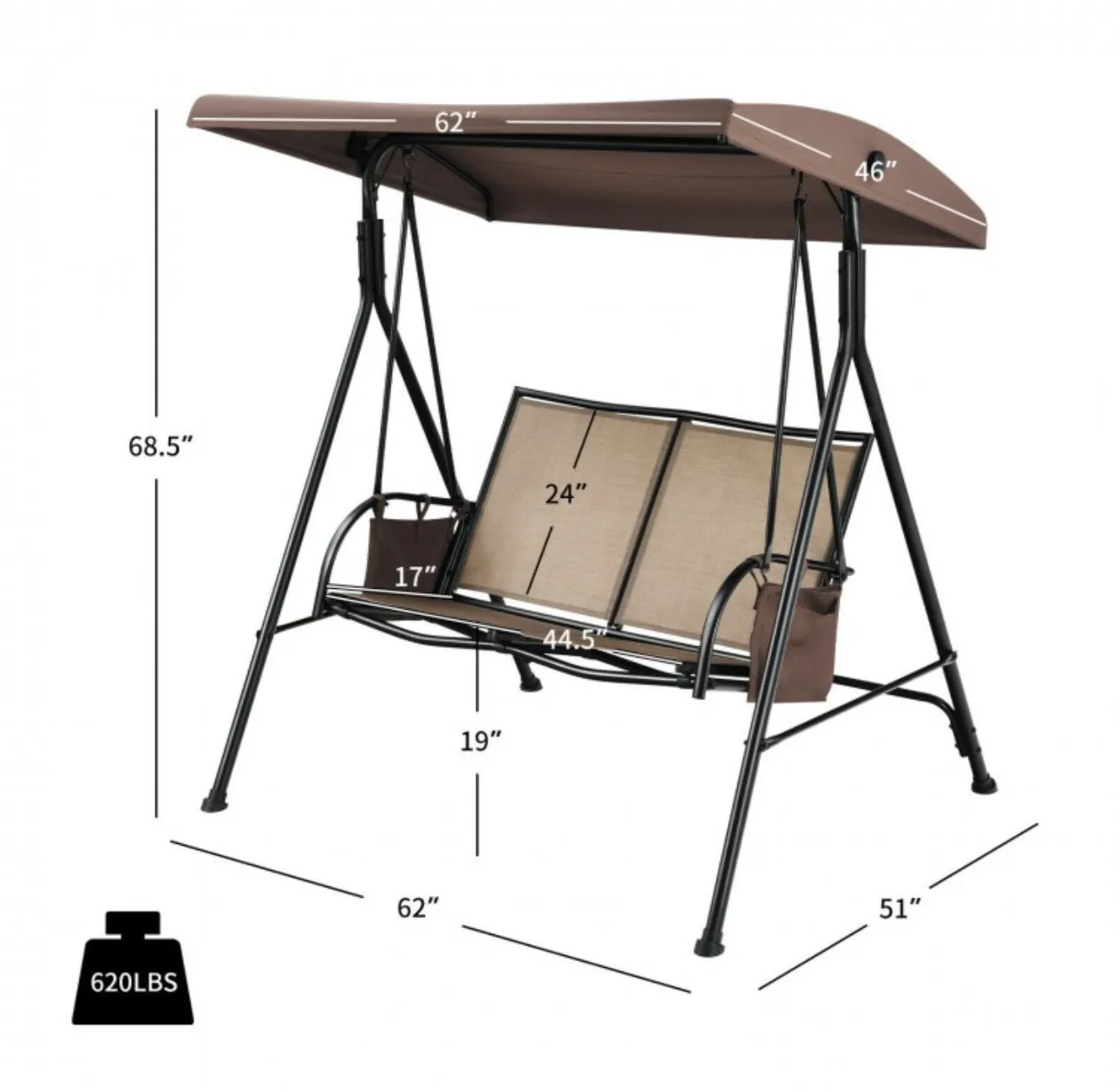 Super Relaxing 2 Person Patio Porch Swing With Adjustable Canopy Storage Pockets | Heavy Duty | Water Resistant