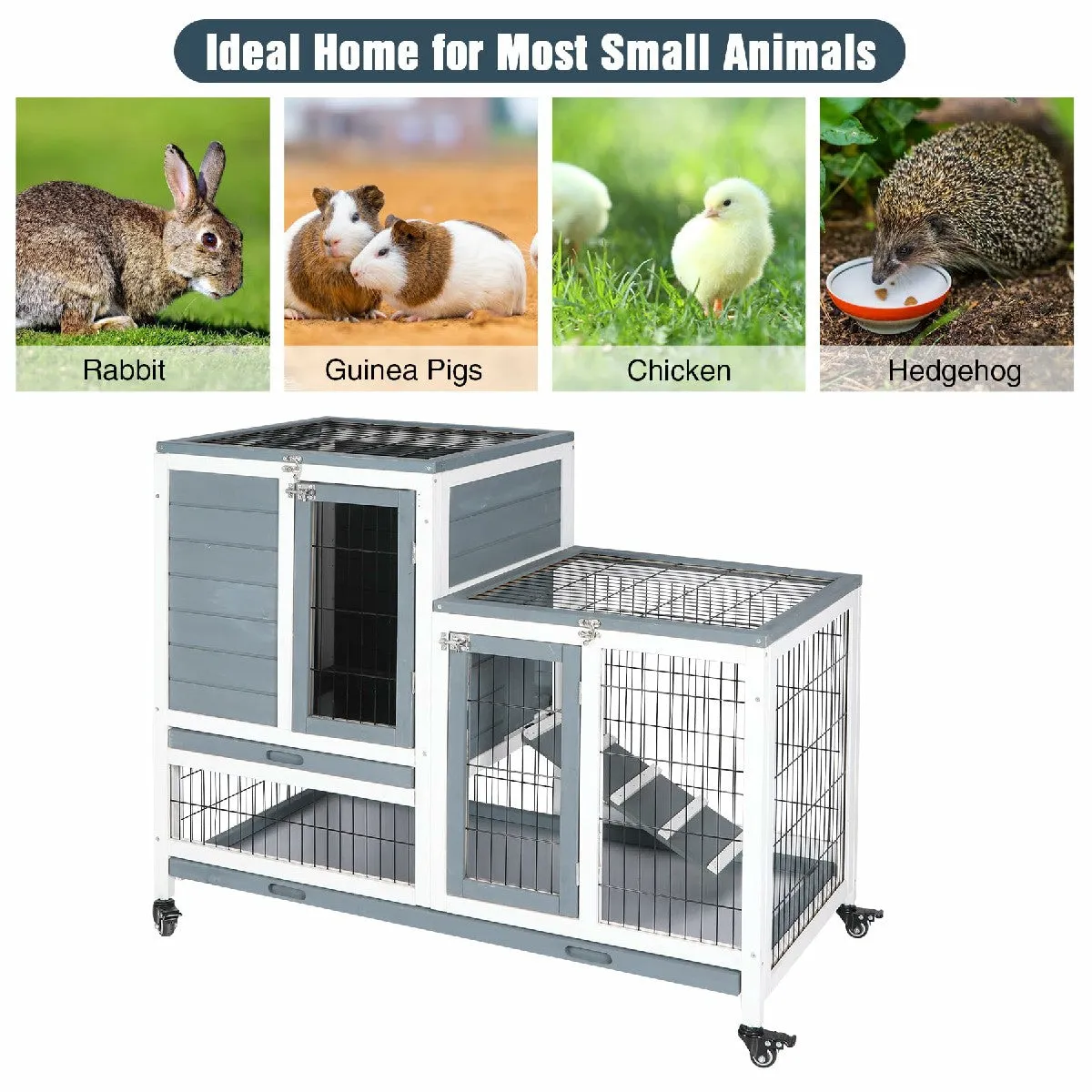 Wooden Rabbit Hutch with Wheels and Openable Roof