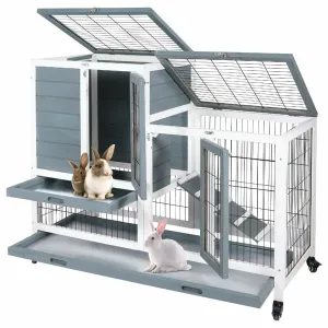 Wooden Rabbit Hutch with Wheels and Openable Roof