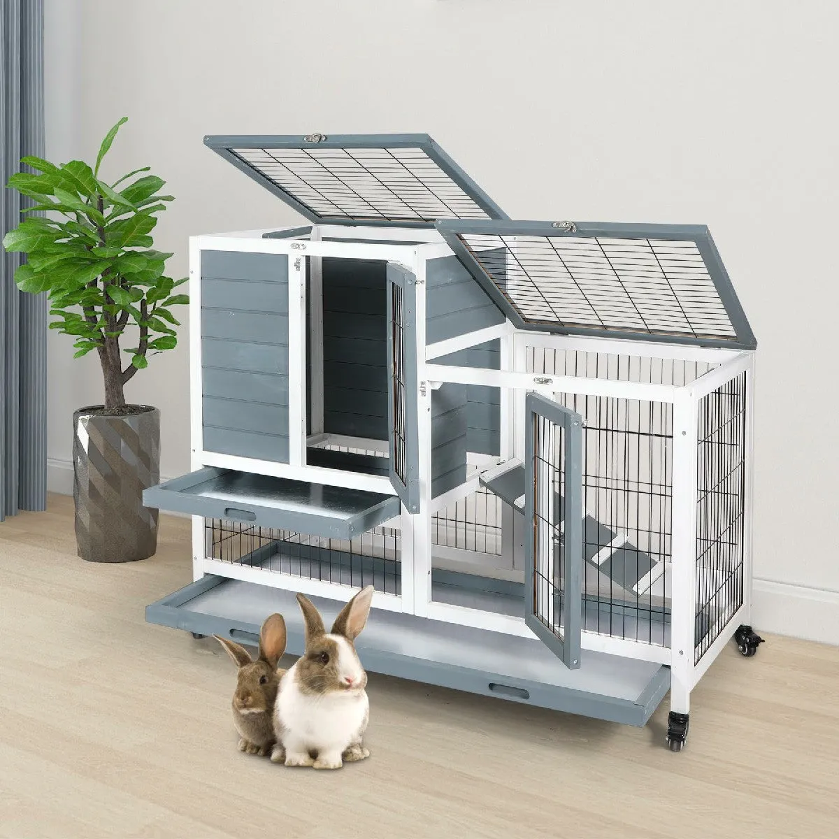 Wooden Rabbit Hutch with Wheels and Openable Roof