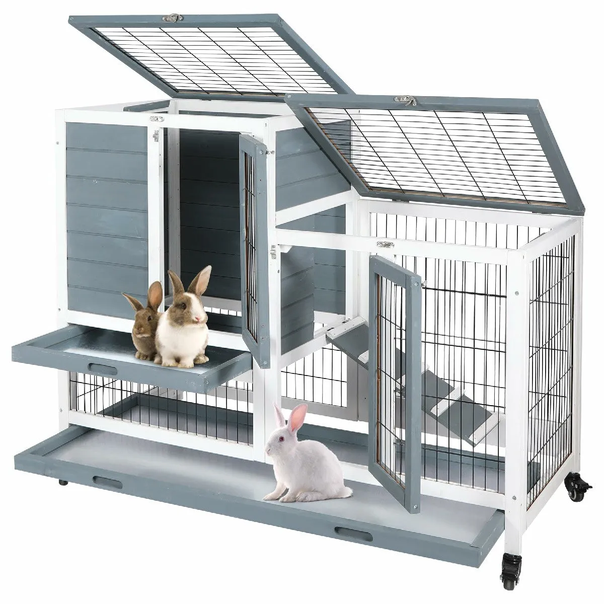 Wooden Rabbit Hutch with Wheels and Openable Roof