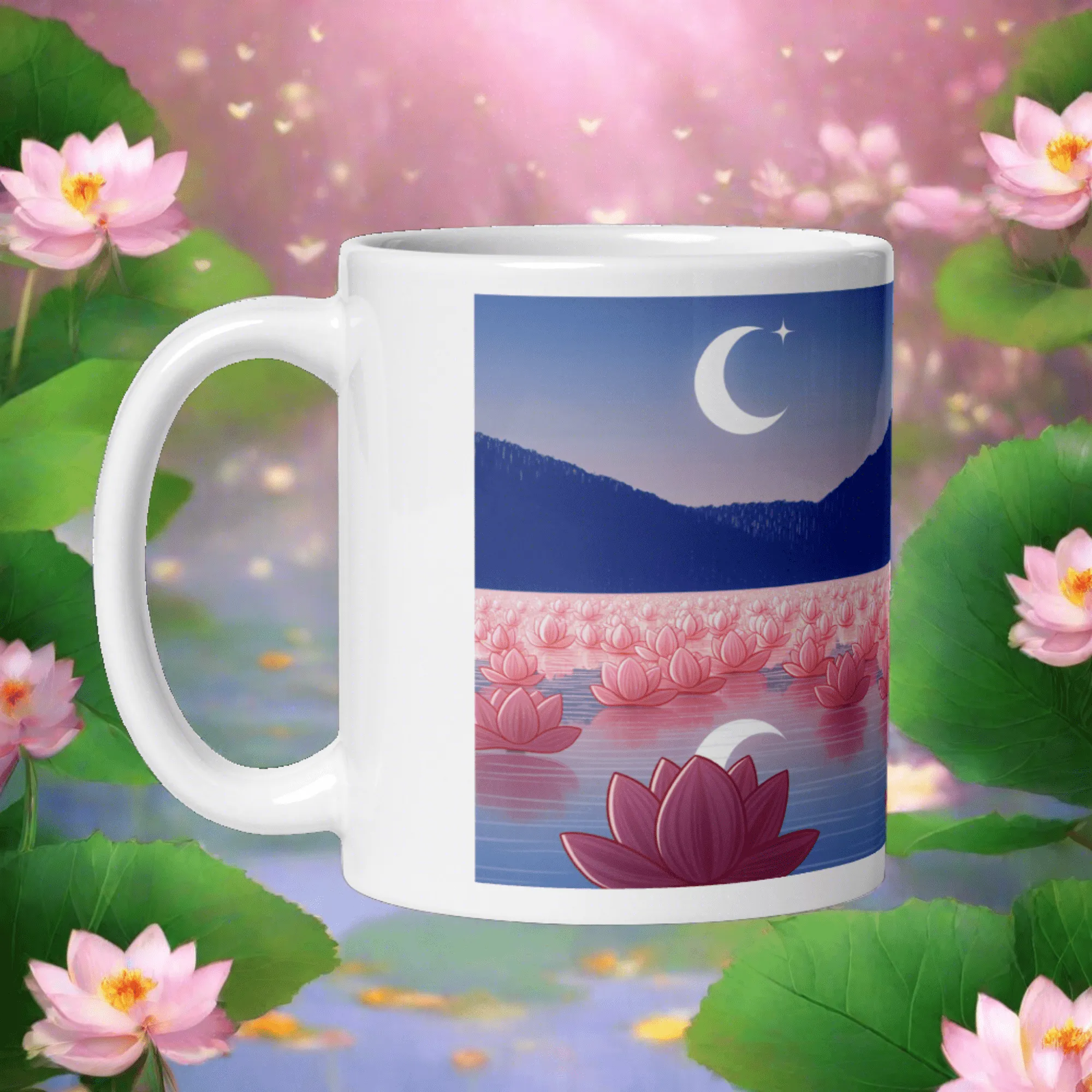 Zen: Crescent Moon Lotus White Glossy Mug