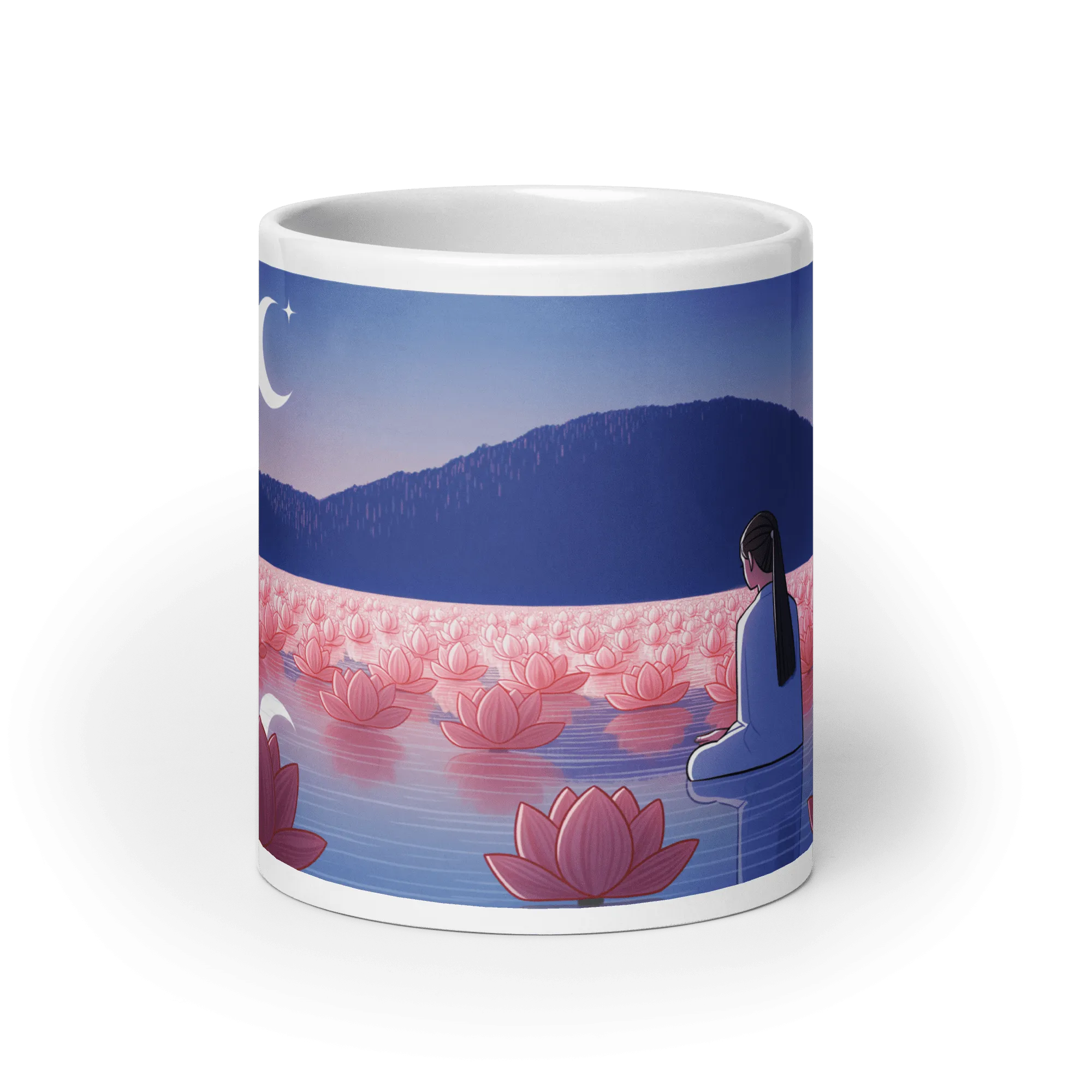 Zen: Crescent Moon Lotus White Glossy Mug