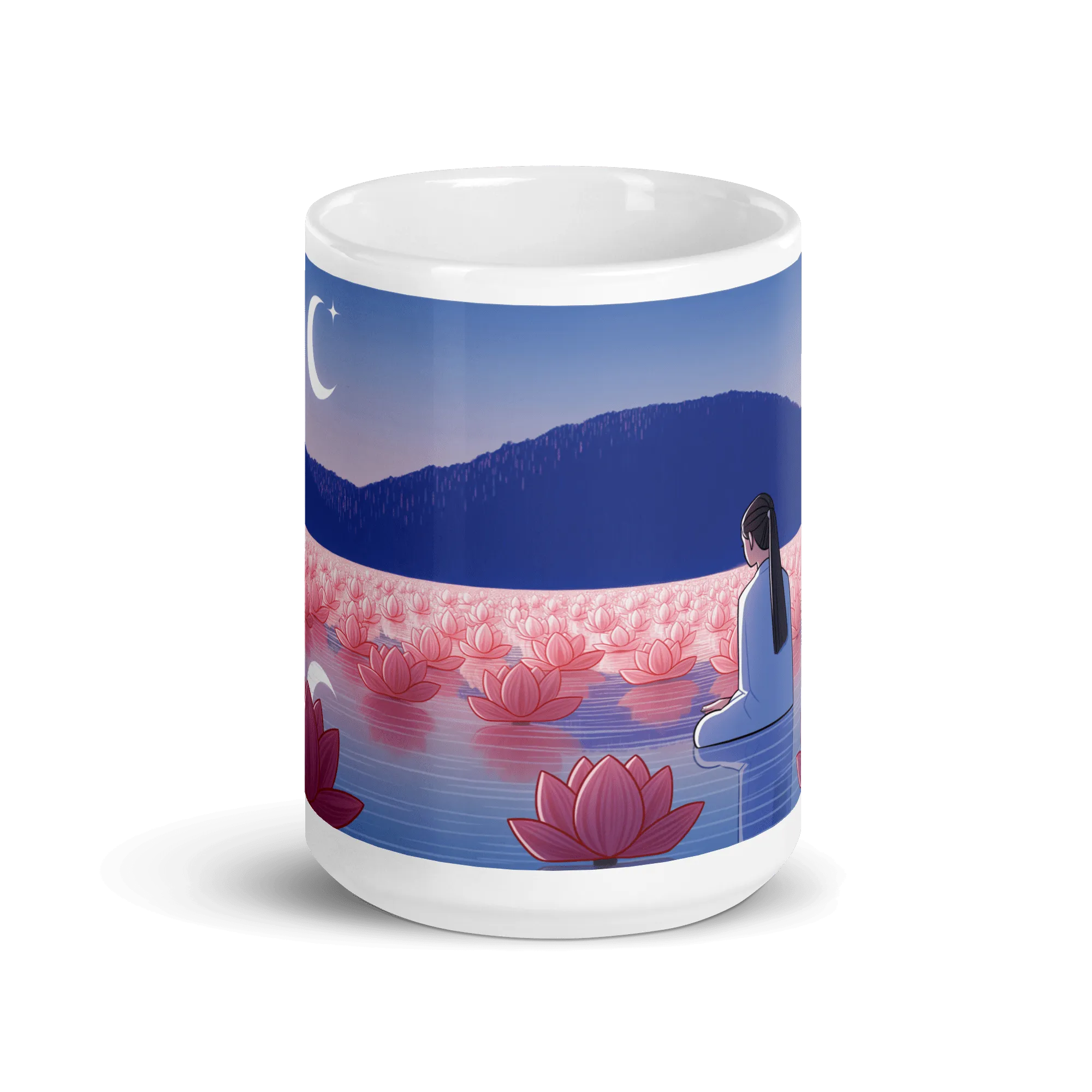 Zen: Crescent Moon Lotus White Glossy Mug