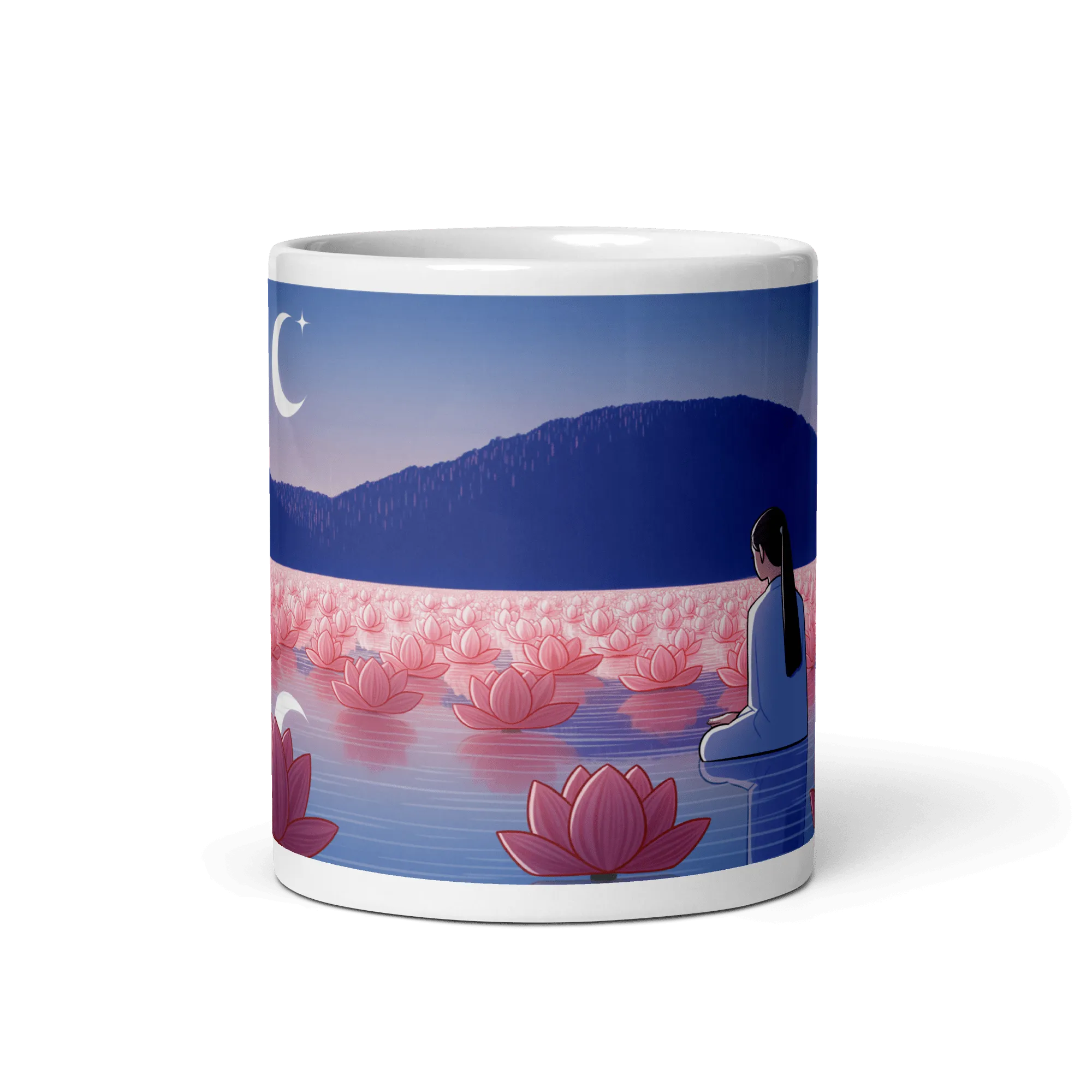 Zen: Crescent Moon Lotus White Glossy Mug